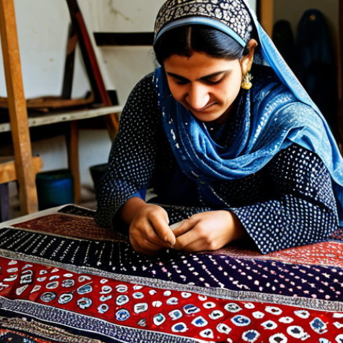 Home 22 **
"A skilled artisan in a brightly lit workshop, meticulously hand-crafting an Ajrak block print textile, fully clothed in traditional Sindhi attire, safe for work, appropriate content, perfect anatomy, natural proportions, showcasing intricate detail, professional setting, modest clothing, family-friendly."
**