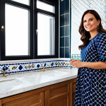 **

"A professional interior designer showcasing a newly renovated bathroom featuring handcrafted ceramic tile art, fully clothed, modest attire, vibrant colors, geometric patterns, safe for work, perfect anatomy, correct proportions, natural pose, professional photography, high quality, well-lit."

**
