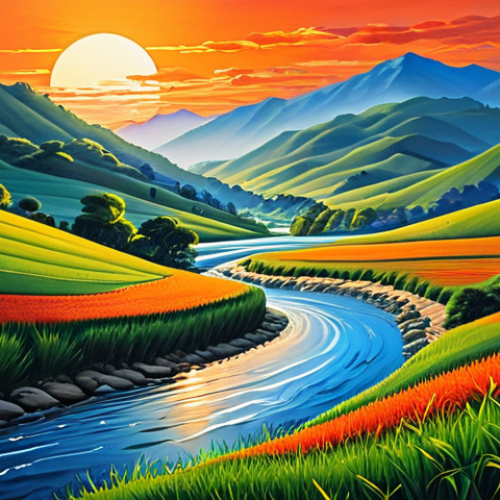 Home 12 Sunset Landscape with Calligraphy**
"A vibrant Eastern-style painting of a sunset landscape, featuring rolling hills and a tranquil river. The sky blends shades of red and orange. Incorporate elegant Nastaliq calligraphy in the foreground, seemingly floating above the landscape. Fully clothed, appropriate content, safe for work, perfect anatomy, natural proportions, professional, high quality."
**