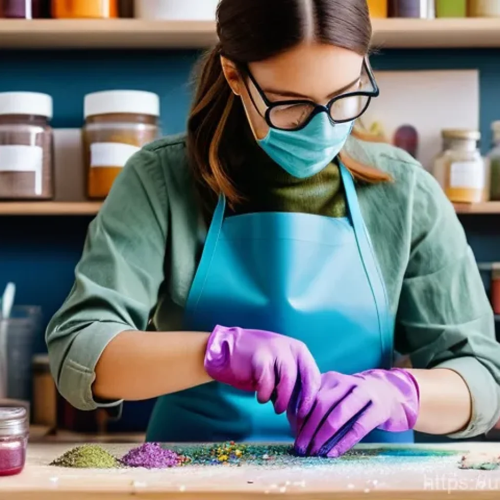 수공예 레진 공예 - **A crafter's focused workspace:** A brightly lit, clean craft studio, with a female artist in her l...