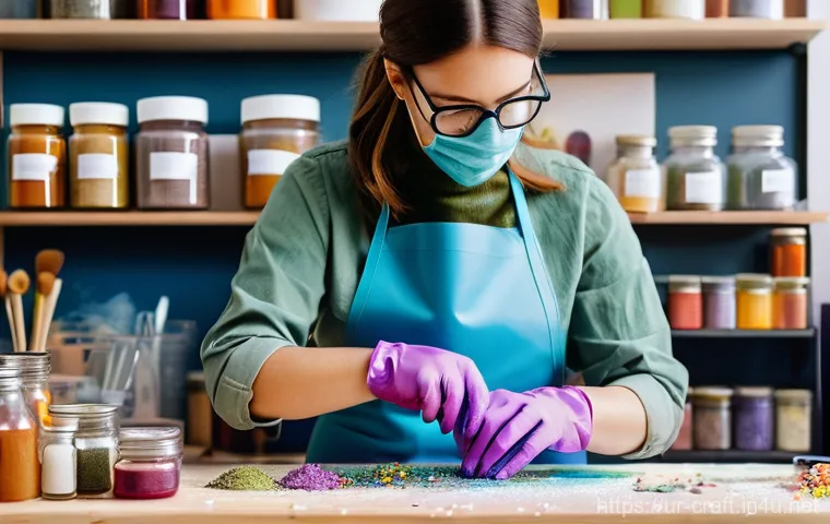 수공예 레진 공예 - **A crafter's focused workspace:** A brightly lit, clean craft studio, with a female artist in her l...