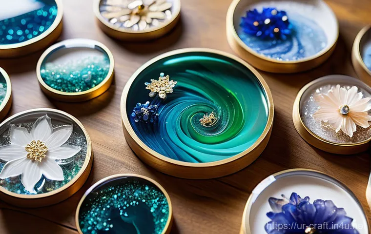 수공예 레진 공예 - **A crafter's focused workspace:** A brightly lit, clean craft studio, with a female artist in her l...