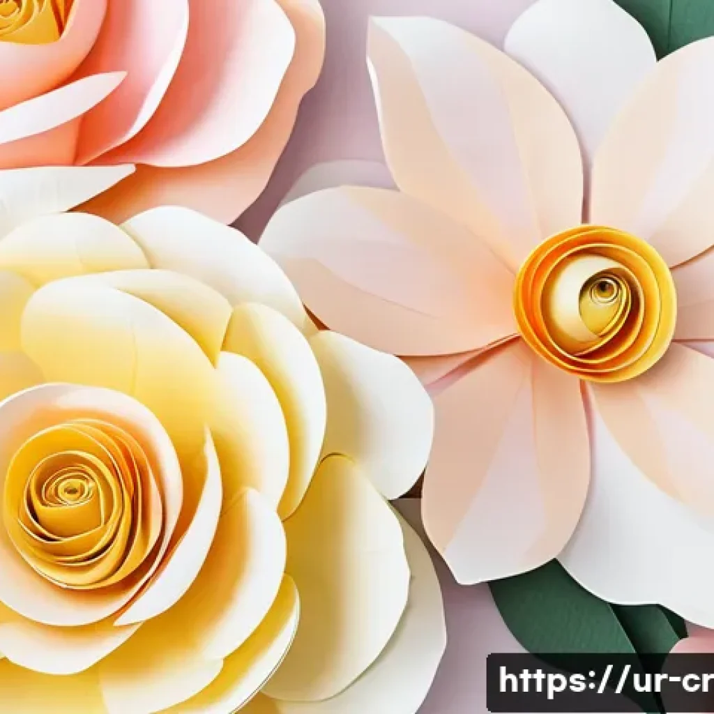 수공예 종이 꽃 만들기 - A close-up image of delicate paper flowers crafted from soft pink, white, and light yellow crepe pap...