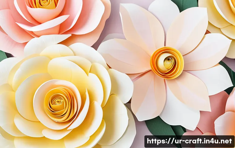 수공예 종이 꽃 만들기 - A close-up image of delicate paper flowers crafted from soft pink, white, and light yellow crepe pap...