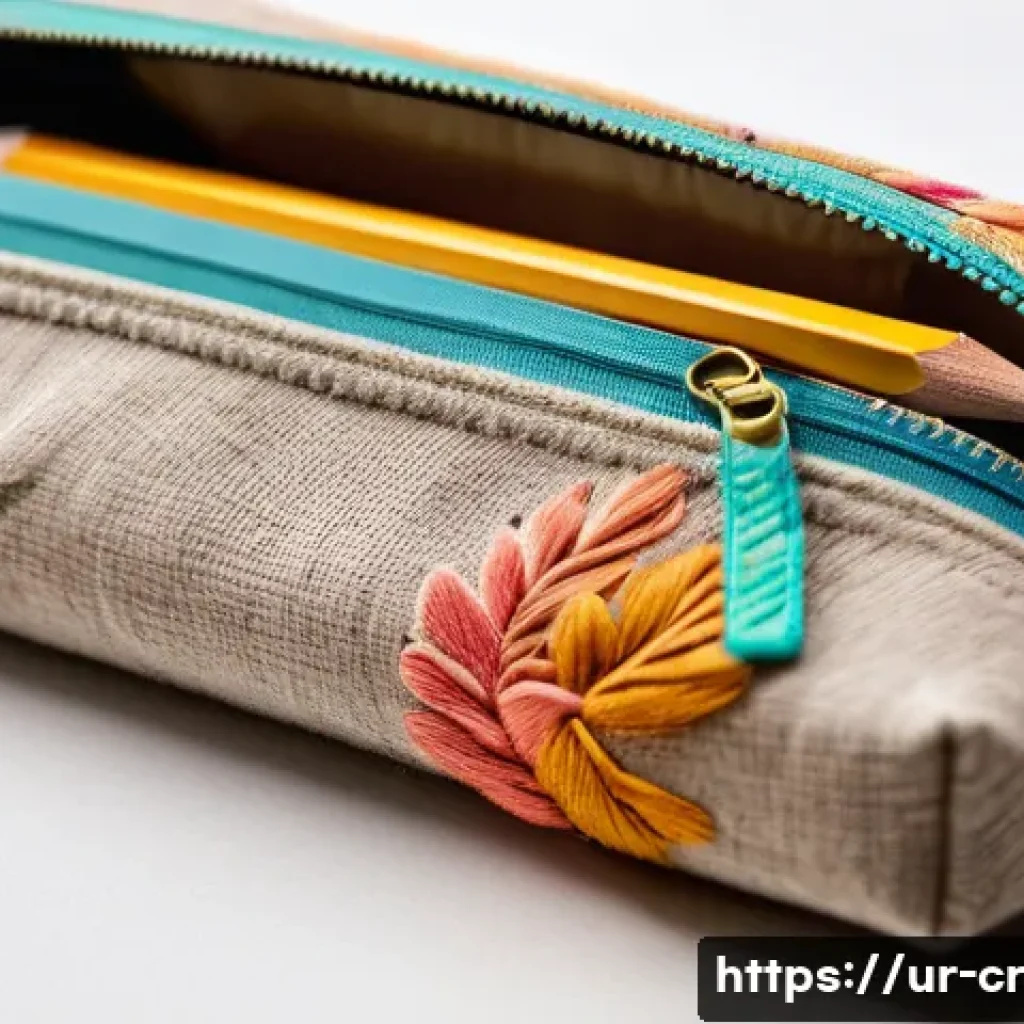 수공예 필통 만들기 - A beautifully handcrafted pencil case made from natural fabric with visible texture, featuring subtl...
