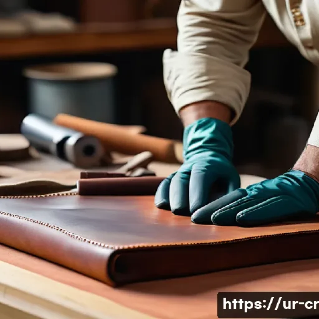 수공예 가죽 제품 만들기 - A detailed artisan workshop scene showcasing a skilled craftsman working on full-grain leather, wear...