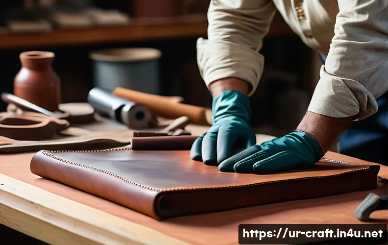 수공예 가죽 제품 만들기 - A detailed artisan workshop scene showcasing a skilled craftsman working on full-grain leather, wear...