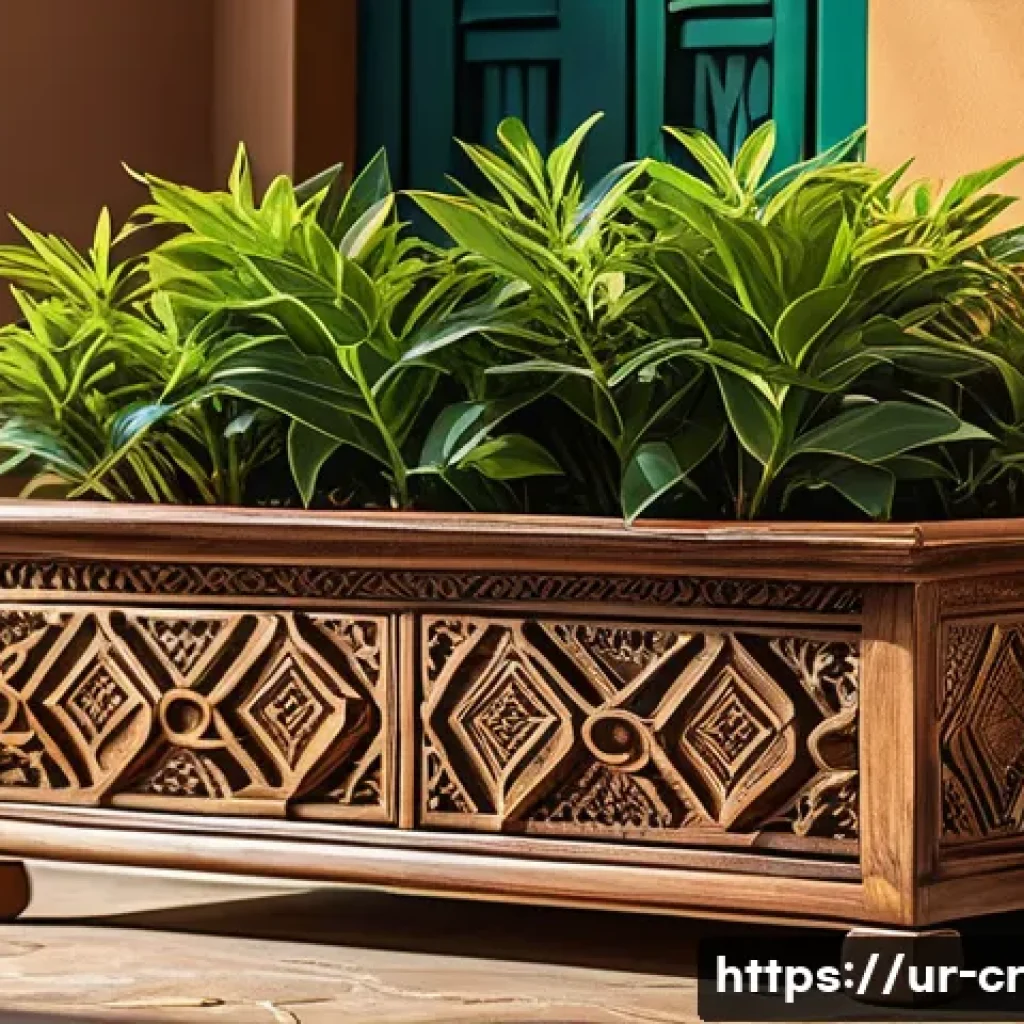 수공예 인테리어 소품 - A beautifully crafted traditional wooden planter placed in a sunlit courtyard, showcasing rich natur...