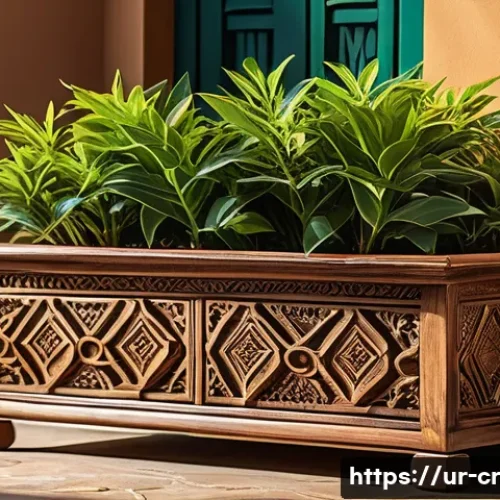 Home 32 수공예 인테리어 소품 - A beautifully crafted traditional wooden planter placed in a sunlit courtyard, showcasing rich natur...