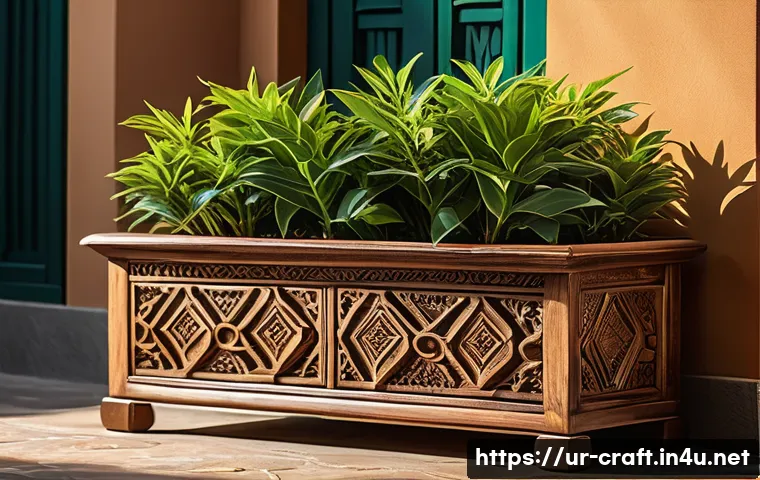 수공예 인테리어 소품 - A beautifully crafted traditional wooden planter placed in a sunlit courtyard, showcasing rich natur...