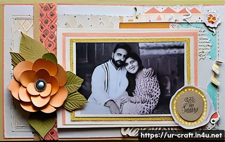 수공예 스크랩북 - A cozy, warm-toned handcrafted scrapbook page featuring soft pastel papers layered with textured sil...