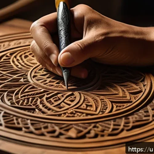 Home 30 수공예 우드버닝 - A detailed close-up of a traditional Pakistani wood carving workshop featuring soft pine wood panels...