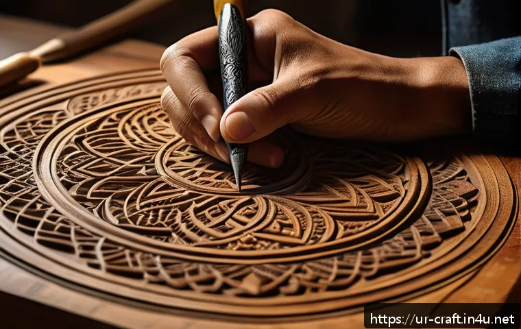 수공예 우드버닝 - A detailed close-up of a traditional Pakistani wood carving workshop featuring soft pine wood panels...