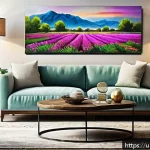 Home 23 수공예 캔버스 아트 - A cozy living room wall featuring a large, hand-painted canvas artwork inspired by serene natural la...