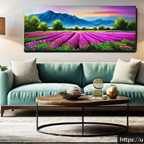 Home 17 수공예 캔버스 아트 - A cozy living room wall featuring a large, hand-painted canvas artwork inspired by serene natural la...