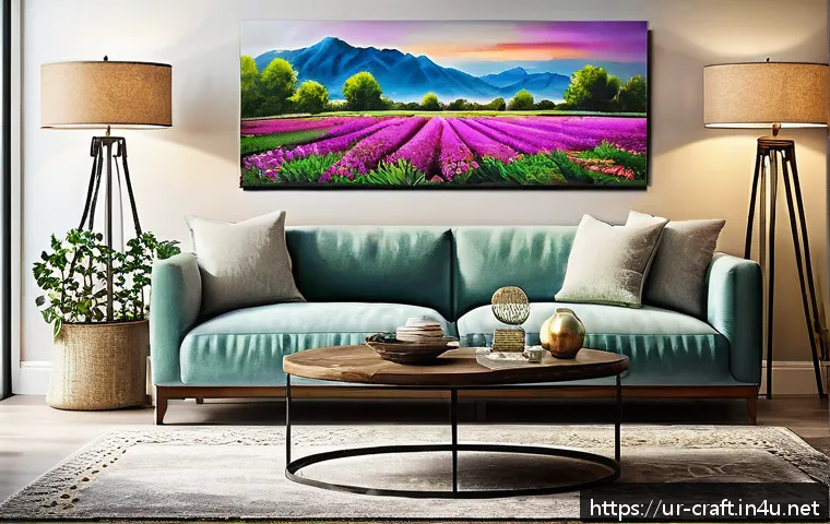 수공예 캔버스 아트 - A cozy living room wall featuring a large, hand-painted canvas artwork inspired by serene natural la...