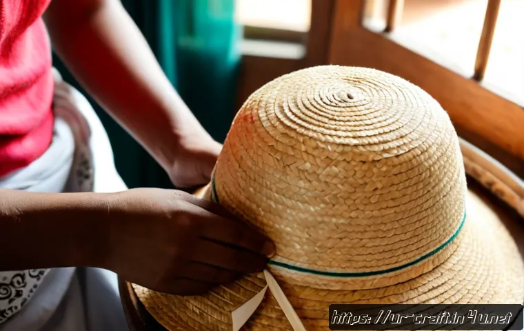 Home 17 수공예 모자 만들기 - Photorealistic close-up of skilled hands weaving a handmade straw sun hat on a tidy wooden worktable...