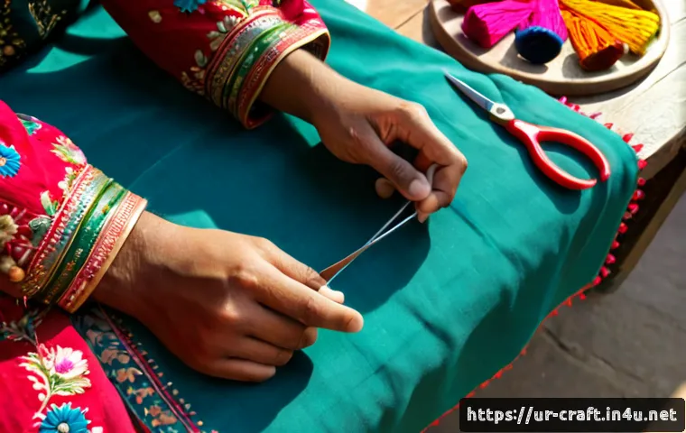 수공예 창의력 향상 - Photorealistic overhead view of a Pakistani Urdu-speaking artisan’s hands creating colorful hand-emb...