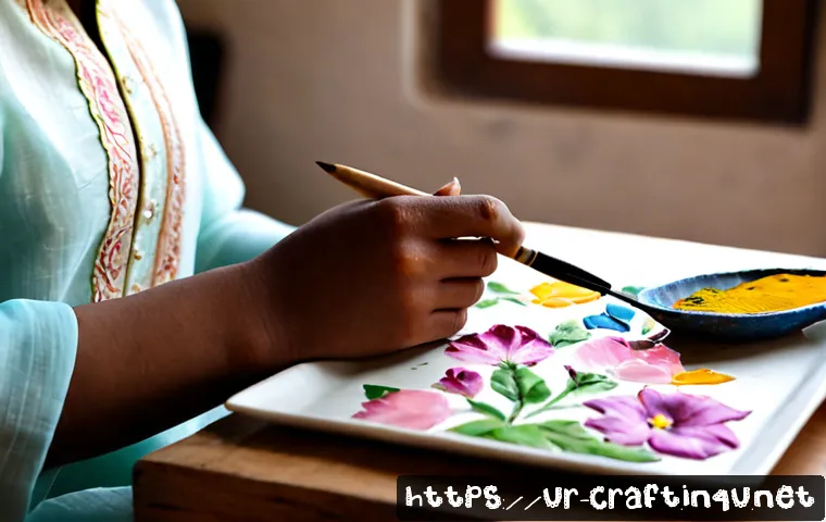 수공예 워터컬러 기법 - Photorealistic close-up of a Pakistani artisan’s hands creating a delicate watercolor floral paintin...