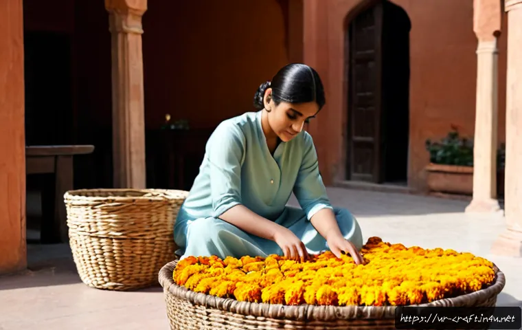 수공예 플로리스트 - Photorealistic Pakistani artisan florist arranging fresh marigolds, roses, jasmine, and eucalyptus i...