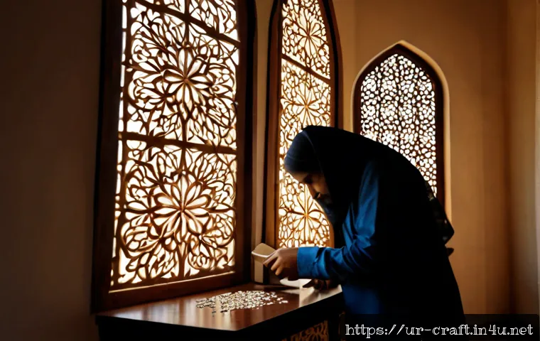 Home 17 수공예 미술품 디자인 - Photorealistic artisan workspace in Lahore, Pakistan, showcasing a handcrafted decorative wall panel...